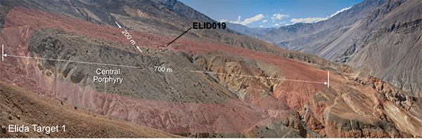 Figure 3 - An oblique view of Target 1 with red shading showing the interpreted position of copper-molybdenum mineralization projected to surface in relation to drill hole ELID019, which is currently in progress.