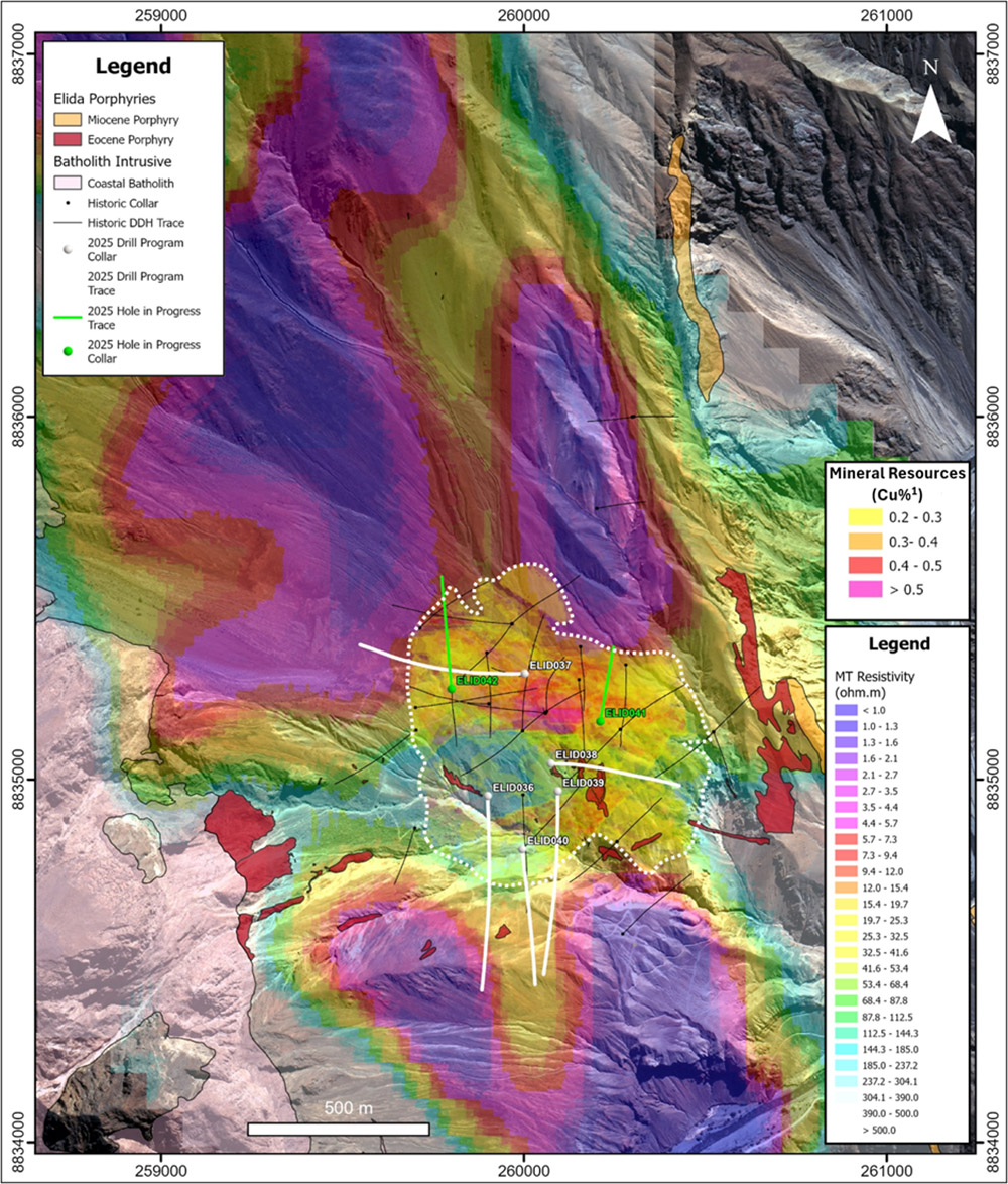 Plan map showing the location of the historical, ongoing and completed drill holes from the 2025 diamond drilling program at Elida. The figure also showing the Mineral Resource Estimate¹ and the -400 m depth slice of the MT 3D resistivity model.