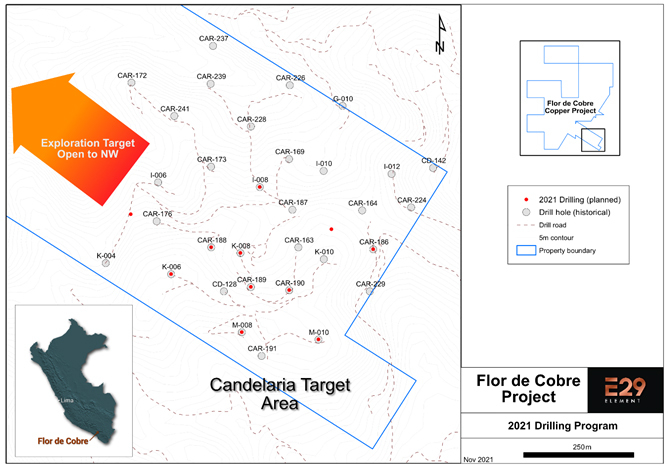 Figure 2. Candelaria Target Area indicating historical drill hole locations and drill holes planned for the 2021 exploration program.