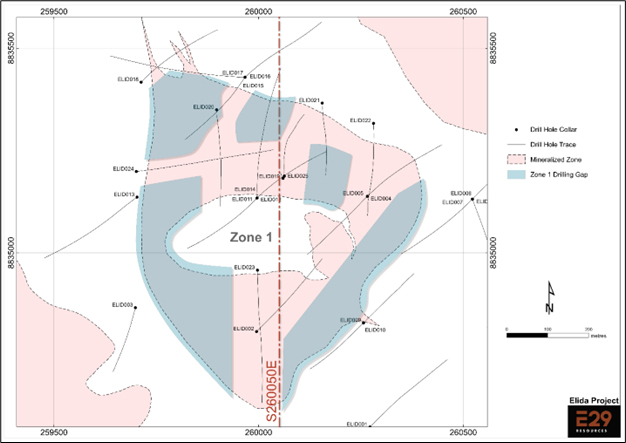 Figure 1. Details of Elida Zone 1, showing areas identified for follow-up drilling, which will be designed to better resolve copper and molybdenite grade distribution near surface and within the constraining pit shell and more accurately define limits of mineralization particularly on the northwest and southwest edges of Zone 1.