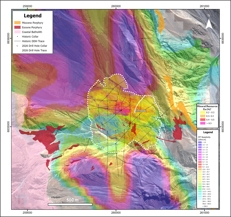 Plan map showing the location of ELID041 (white) as well as the historical drill holes (black) from prior drilling programs at Elida. The figure also showing the Mineral Resource Estimate¹ and the -400 m depth slice of the MT 3D resistivity model.